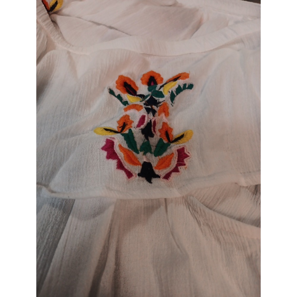 Peasant Top Blouse Large White Embroidered Off Shoulder Rayon Aztec Boho Gauzy - Picture 6 of 8